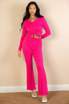 Ruched Drawstring Crop Shirt & Flare Pants Set Pants Set Capella Fuchsia S 