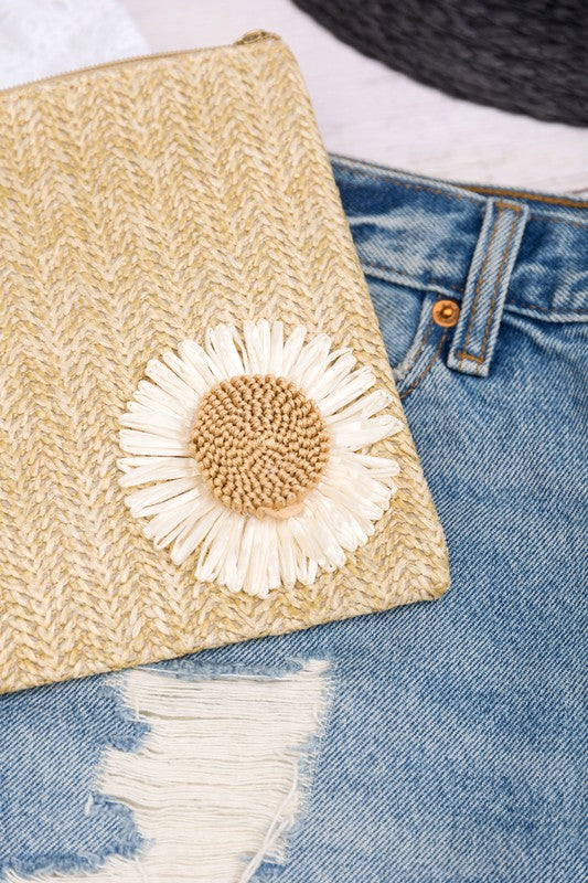 Whimsical Daisy Straw Wristlet Clutch | Boho Chic Vegan Accessory - NeoKira Unlimited