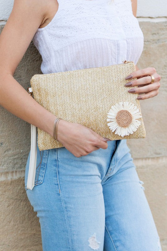 Whimsical Daisy Straw Wristlet Clutch | Boho Chic Vegan Accessory - NeoKira Unlimited