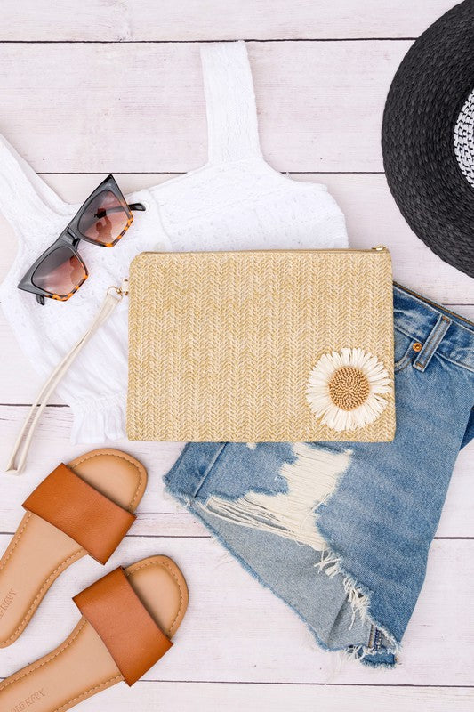 Whimsical Daisy Straw Wristlet Clutch | Boho Chic Vegan Accessory - NeoKira Unlimited