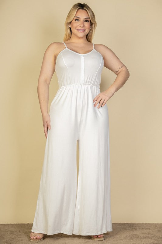 Plus Size Button Front Wide Leg Jumpsuit Jumpsuits Capella White 1XL 