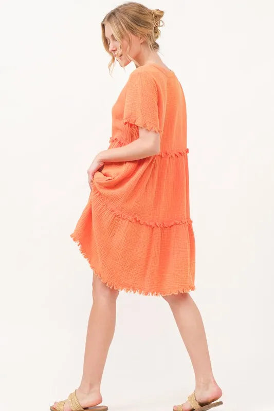 And The Why Washed Frayed Detail Tiered Dress - NeoKira Unlimited