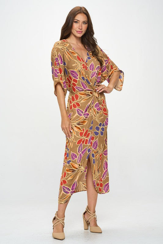 Renee C. Leaf Print Kimono Dress with Front Twist - NeoKira Unlimited