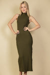 Ribbed Mock Neck Slit Bodycon Dress Maxi Dress Capella Olive S 