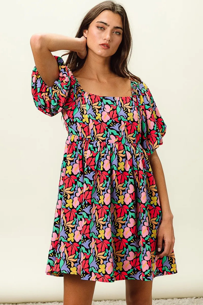 BiBi Tropical Boho Floral Print Puff Sleeve Square Neck Dress - NeoKira Unlimited