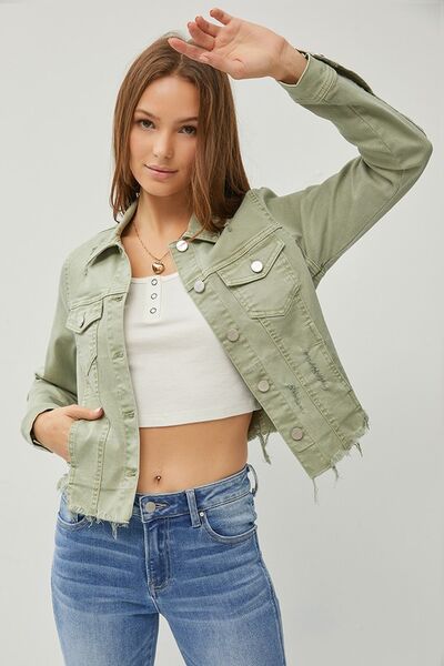 RISEN Full Size Raw Hem Button Up Cropped Denim Jacket Plus Size - NeoKira Unlimited