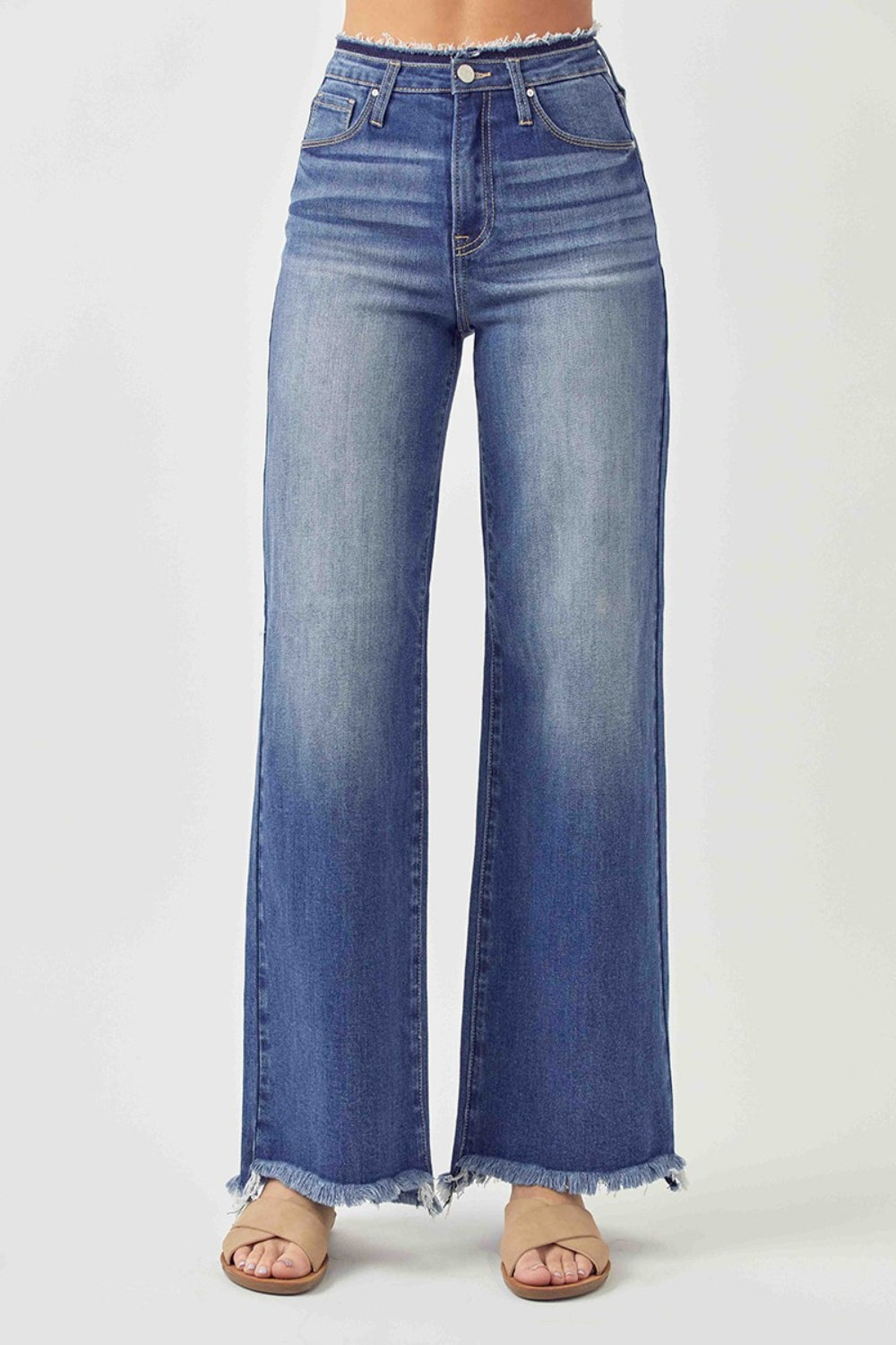 RISEN High Waist Raw Hem Wide Leg Jeans Jeans Trendsi   