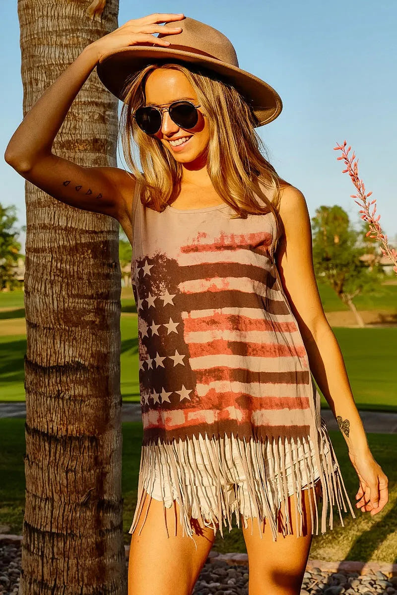 BiBi Distressed Flag Fringe Tank Top – Boho Americana Vibes - NeoKira Unlimited