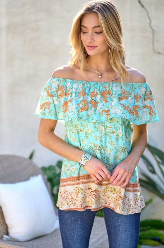 Printed Off Shoulder Smocked Top  Davi & Dani   