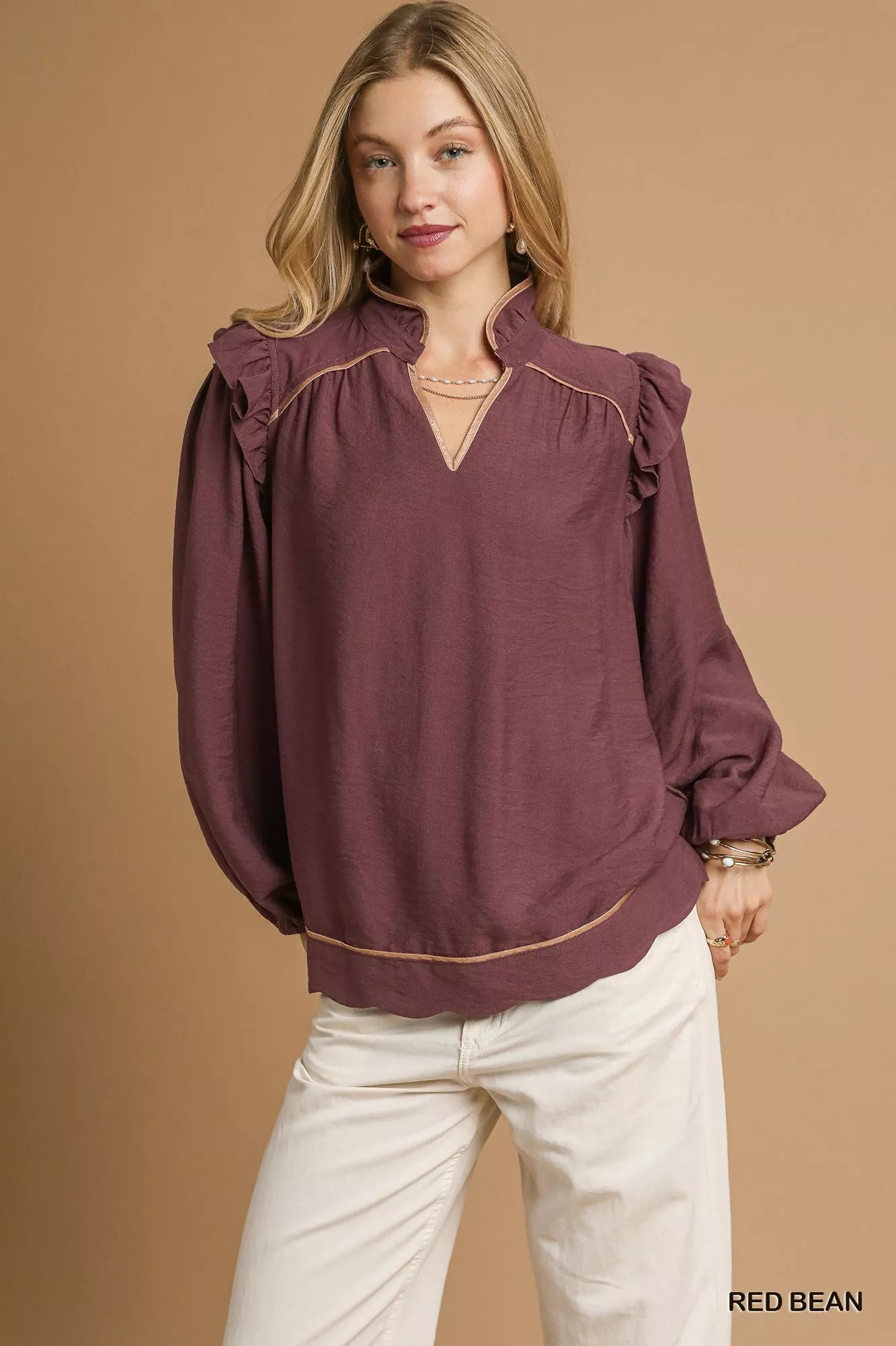 Umgee Ruffle Shoulder Long Sleeve Blouse - NeoKira Unlimited