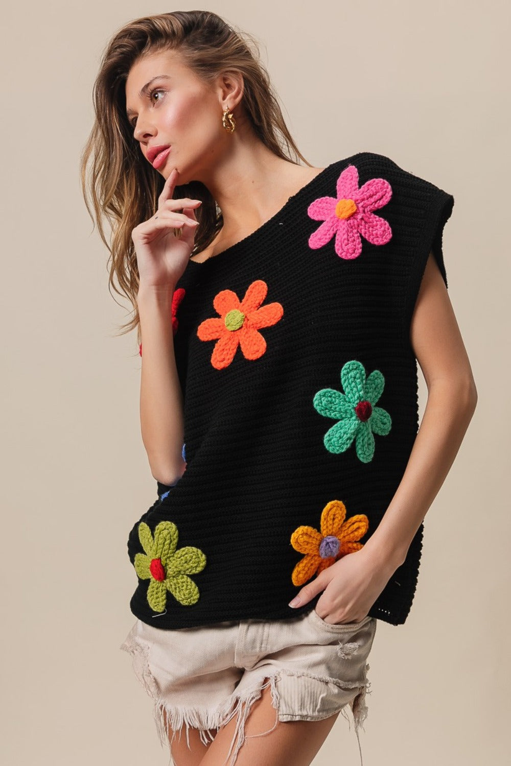 BiBi Flower Round Neck Cap Sleeve Knit Top Top Trendsi   