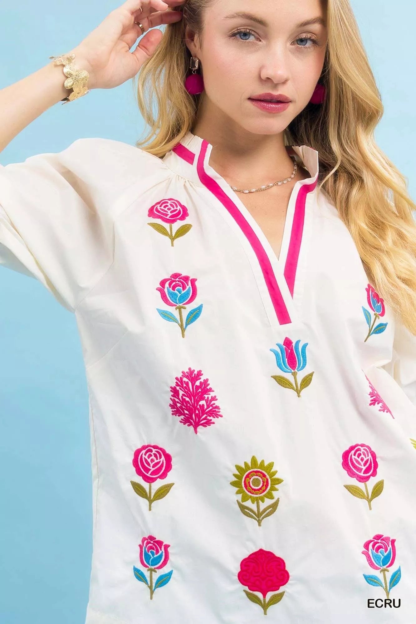 Umgee Embroidered Floral Top with Contrast Trim Boho Chic - NeoKira Unlimited