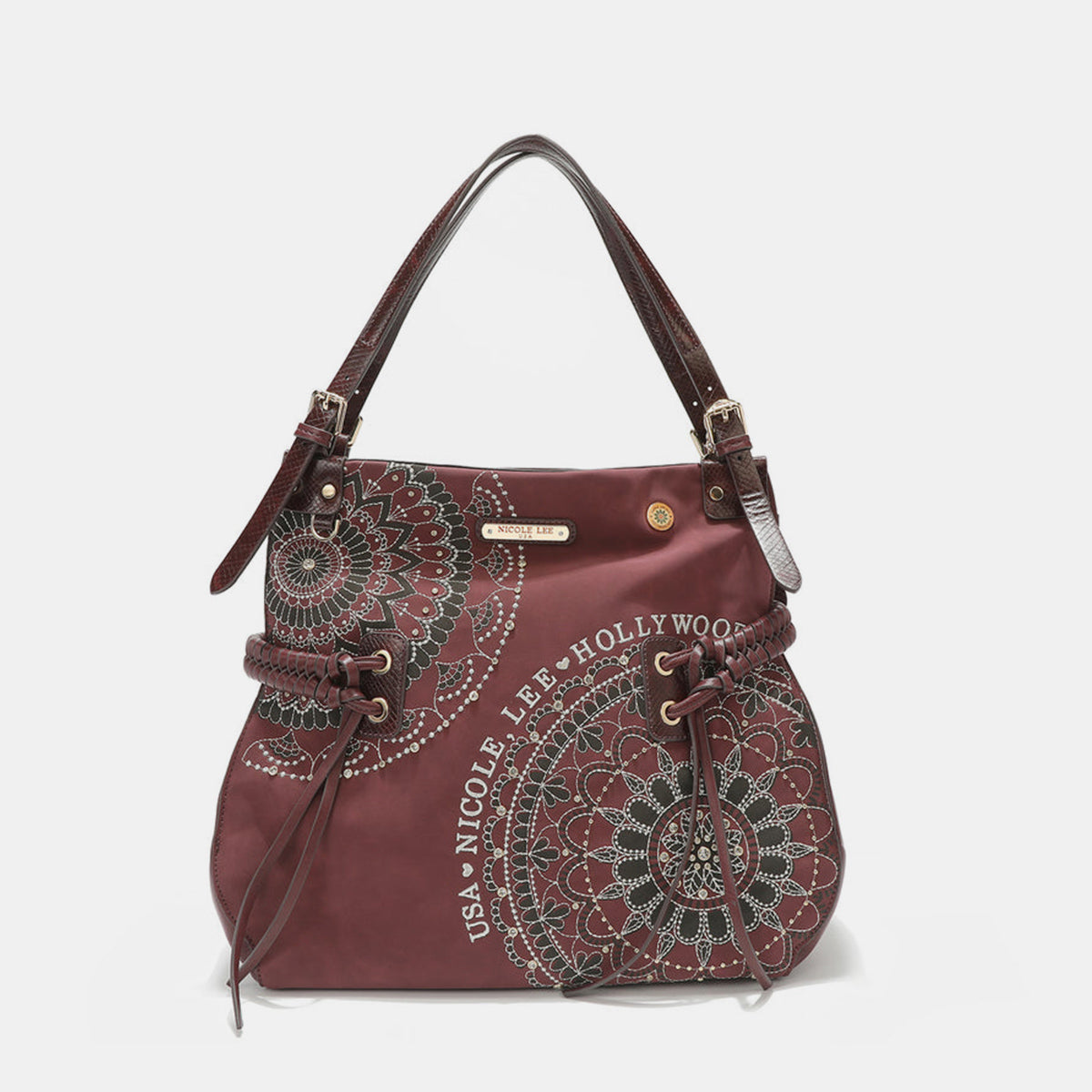 Nicole Lee USA Side Braided Tassel Inlaid Rhinestone Embroidery Hobo Bag Hobo Bag Trendsi Wine One Size 