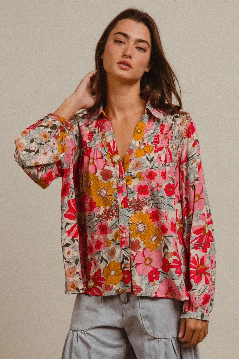 BiBi Tropical Floral Button-Up Blouse Vibrant Long Sleeve Relaxed Fit Top - NeoKira Unlimited