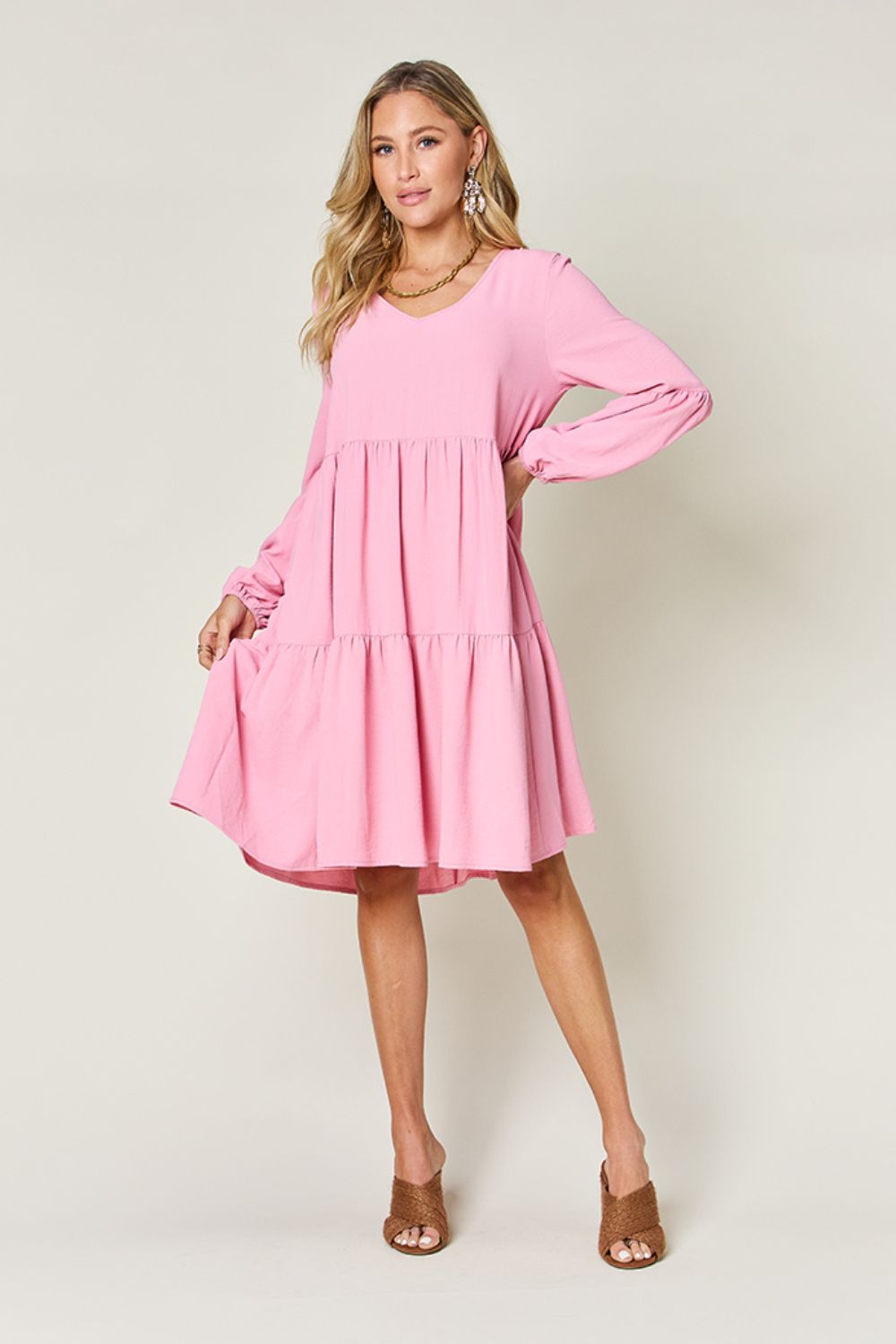 Double Take Full Size V-Neck Balloon Sleeve Tiered Dress Mini Dress Trendsi   