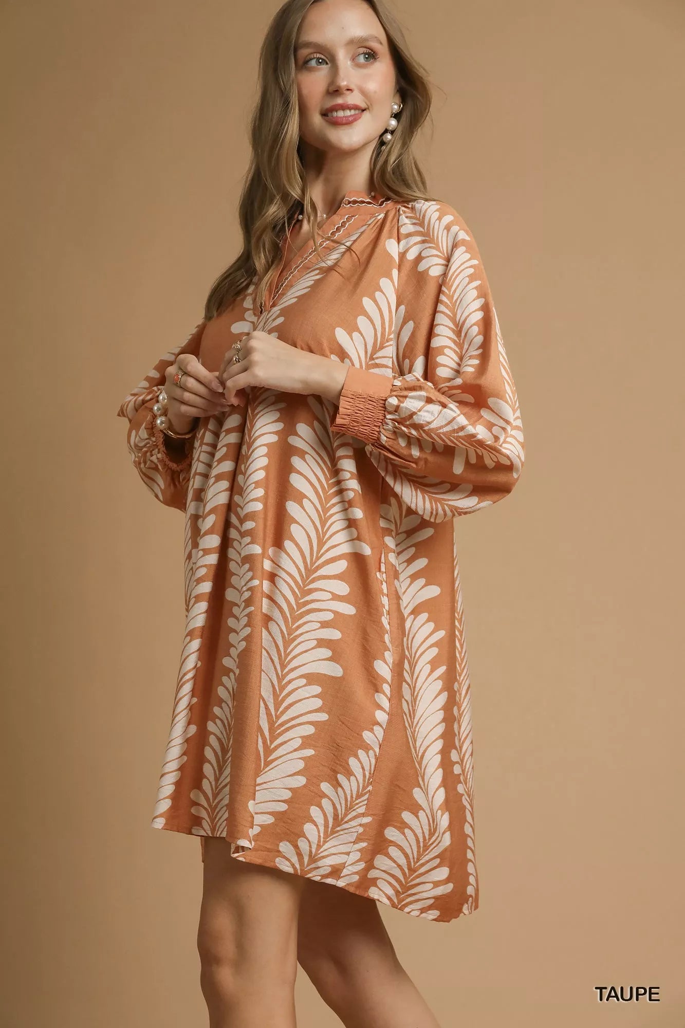 Umgee Leaf Print Notched Mini Babydoll Dress | Boho Chic Casual Outfit - NeoKira Unlimited