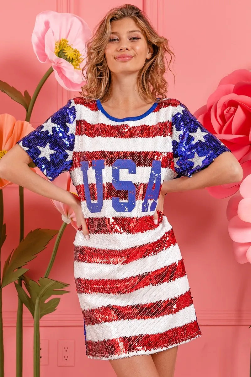 BiBi American Flag Theme Usa Print Sequin Dress - NeoKira Unlimited