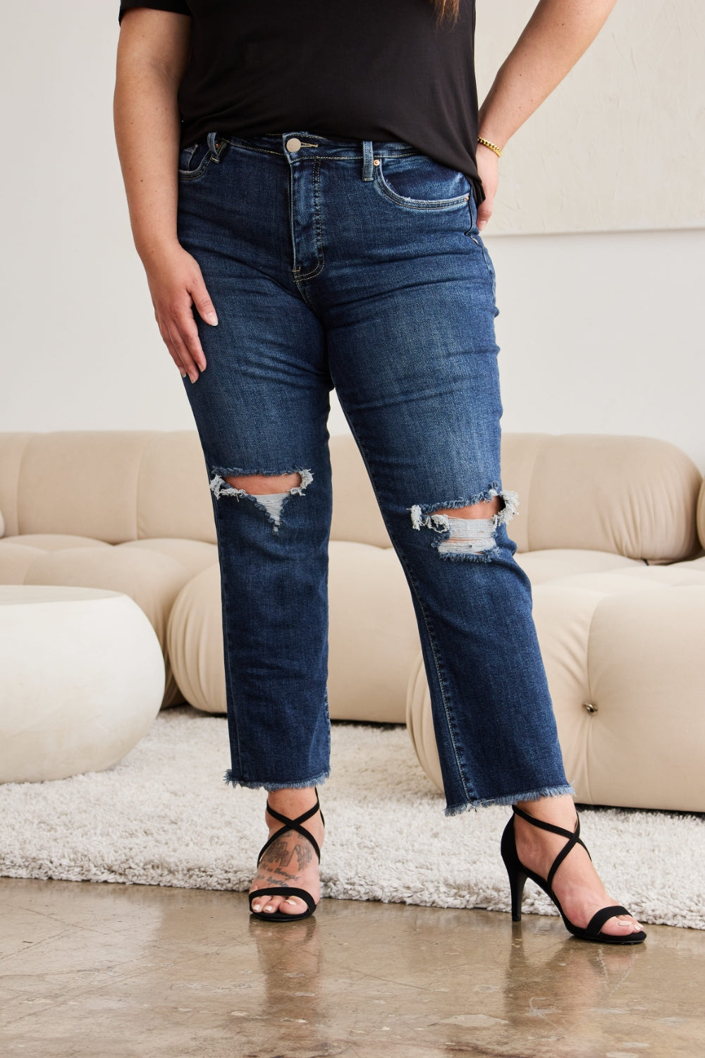 RFM Full Size Tummy Control Distressed High Waist Raw Hem Jeans - NeoKira Unlimited