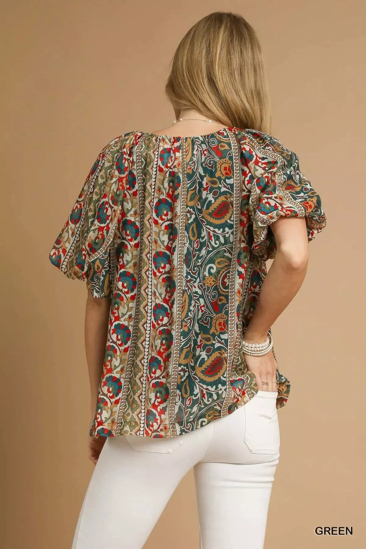 Umgee Boho Floral Stripe Puff Sleeve Blouse - NeoKira Unlimited
