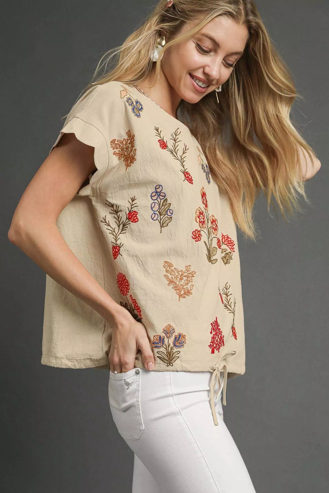 Umgee Boho Chic Embroidered Scallop Sleeve Top Drawstring Hem - NeoKira Unlimited