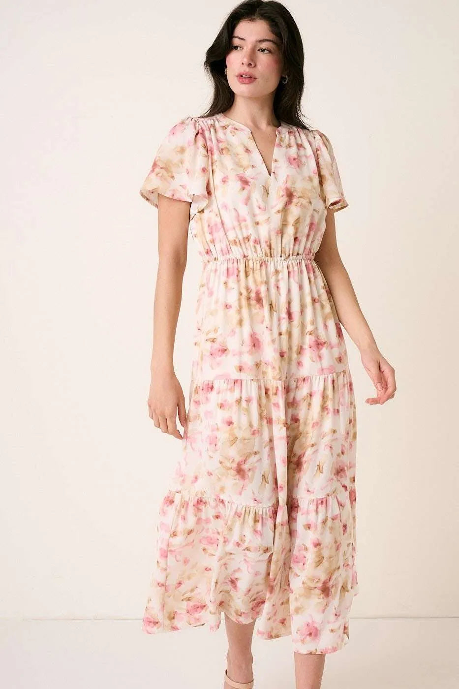 Mittoshop Flower Print Flutter Sleeve V Slit Maxi Dress - NeoKira Unlimited