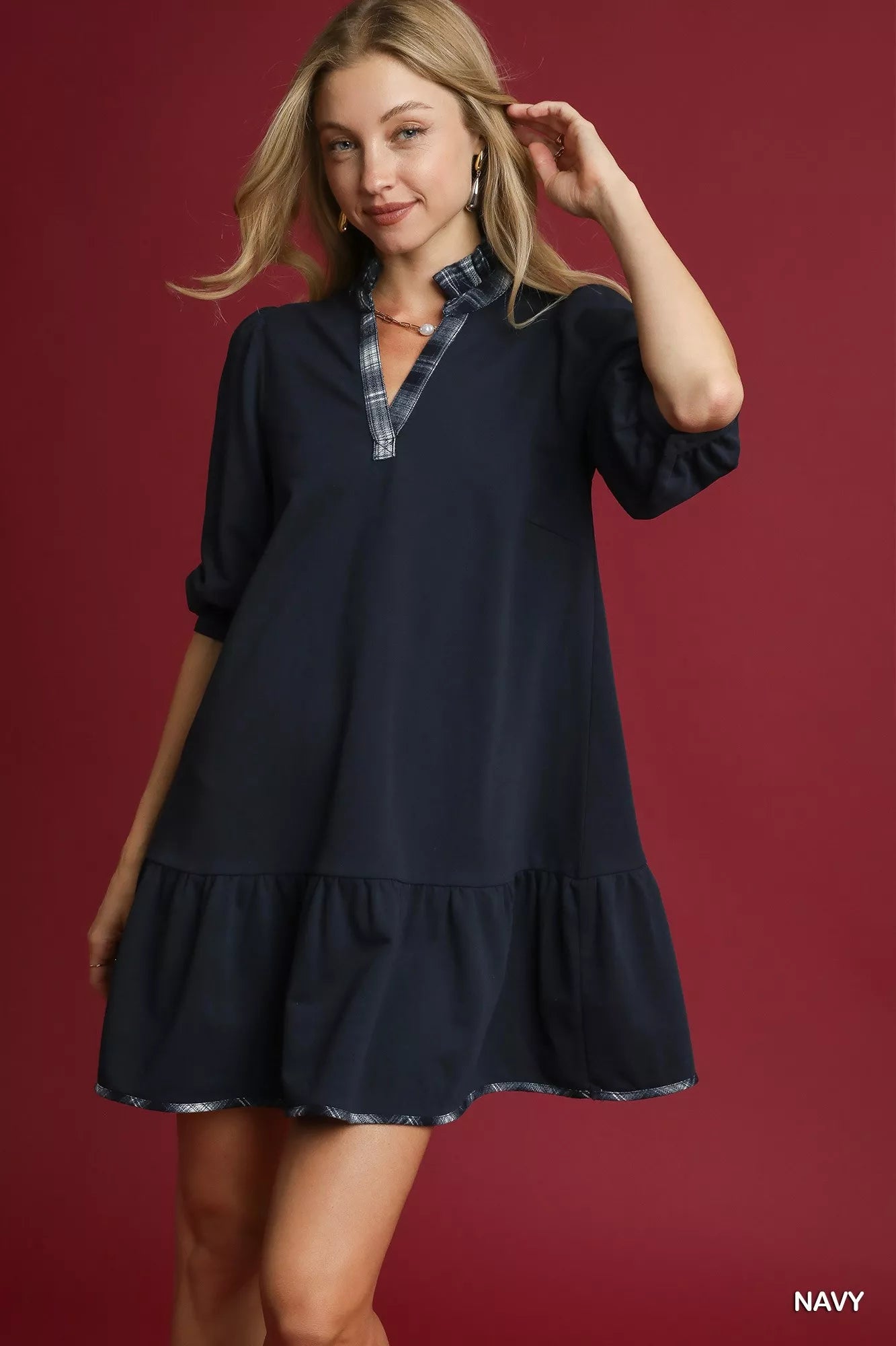 Umgee French Terry Ruffle Hem Dress With Plaid Trim Boho Chic - NeoKira Unlimited
