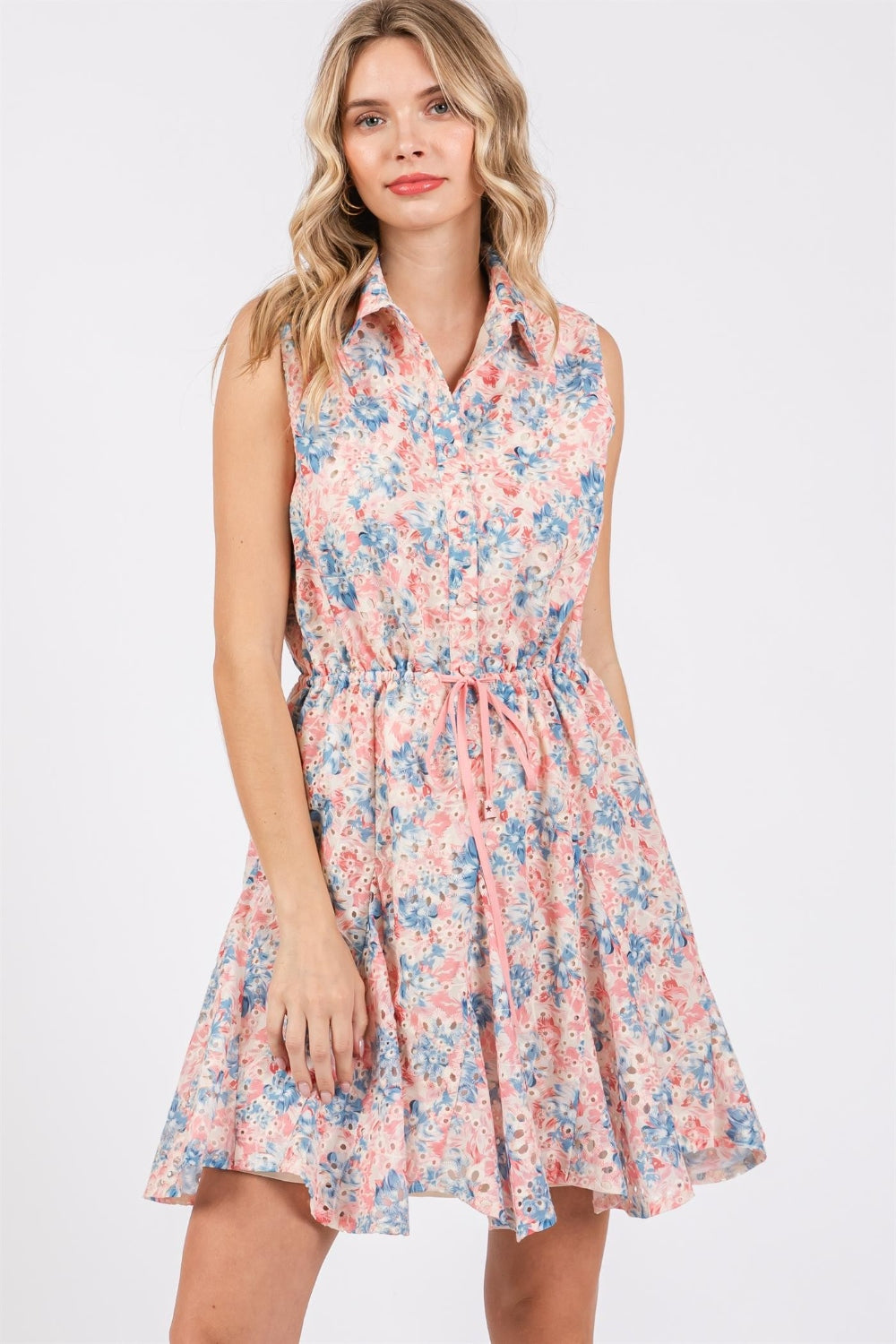 GeeGee Full Size Floral Eyelet Sleeveless Mini Dress - NeoKira Unlimited