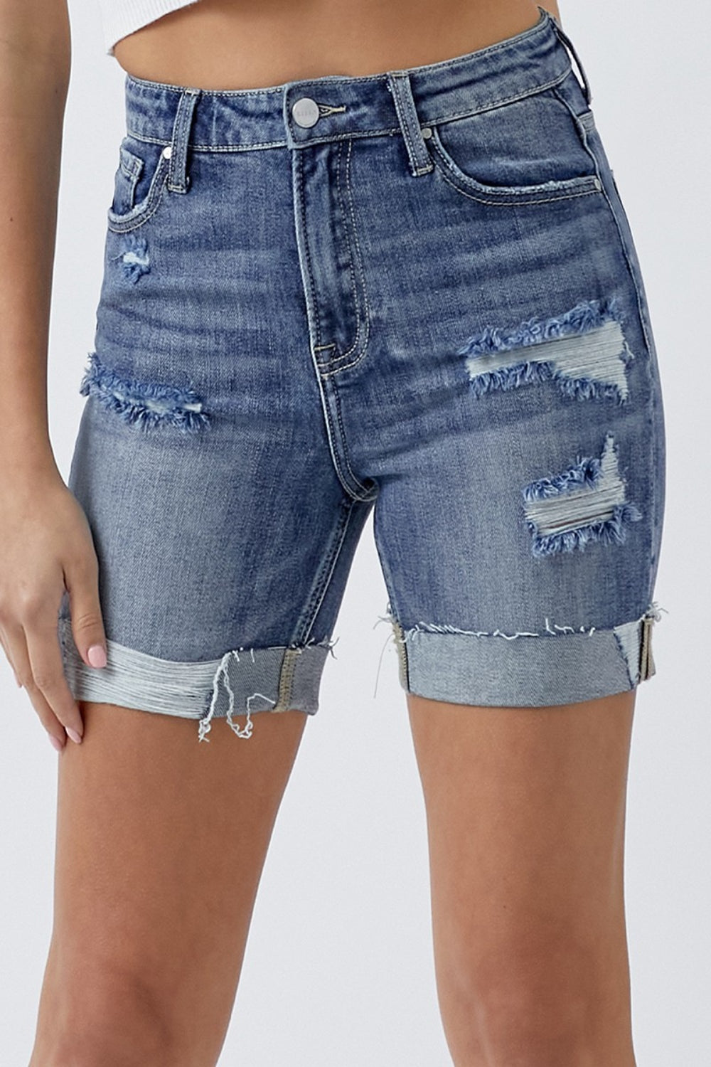 RISEN Full Size Distressed Rolled Denim Shorts with Pockets Denim Shorts Trendsi Medium S 