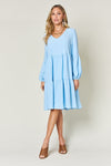 Double Take Full Size V-Neck Balloon Sleeve Tiered Dress Mini Dress Trendsi   