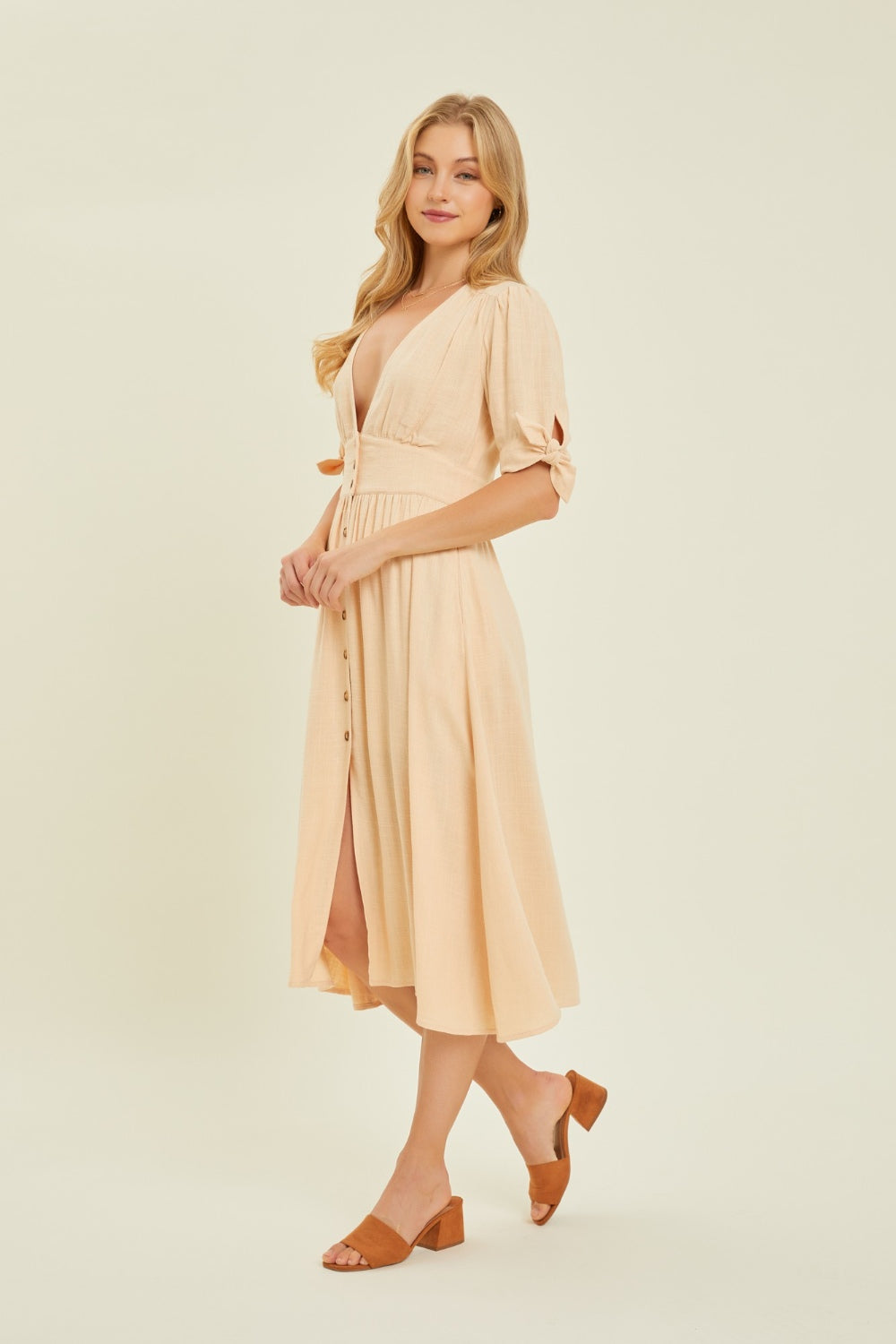 HEYSON Full Size Textured Linen V-Neck Button-Down Midi Dress Midi Dress Trendsi   