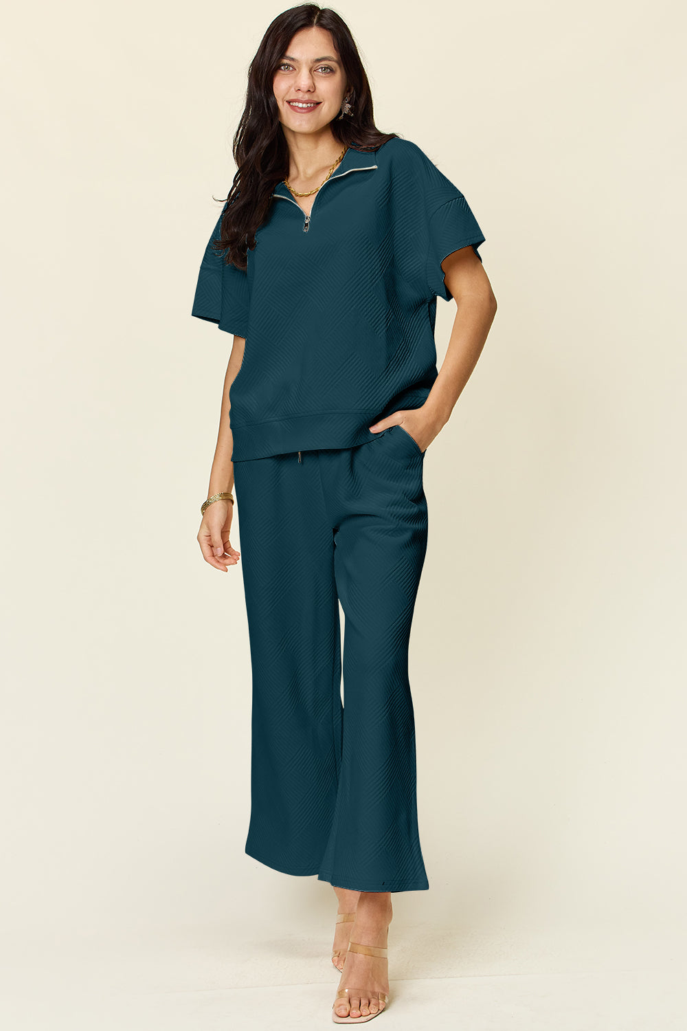 Double Take Full Size Texture Half Zip Short Sleeve Top and Pants Set - NeoKira Unlimited