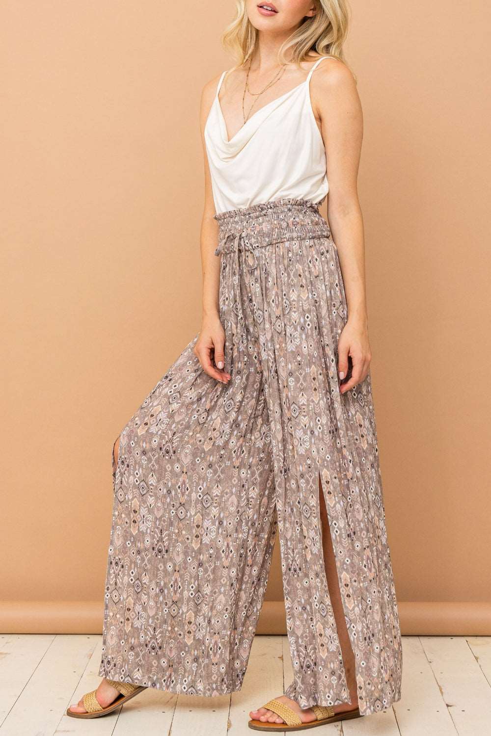 And The Why Printed Smocked Waist Slit Wide Leg Pants Pants Trendsi   