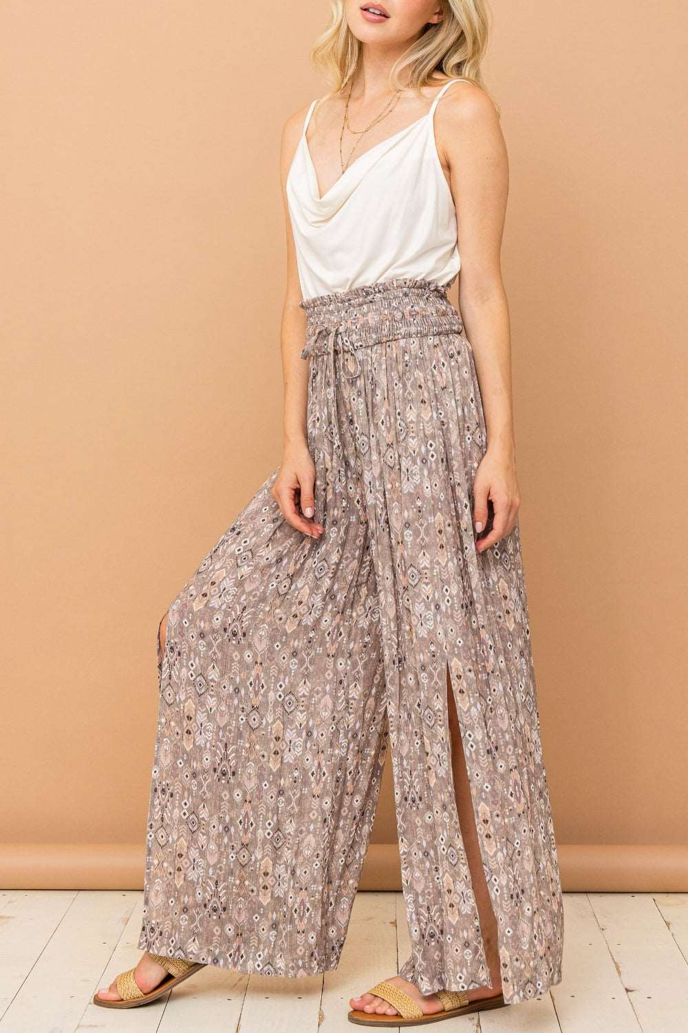 And The Why Printed Smocked Waist Slit Wide Leg Pants - NeoKira Unlimited