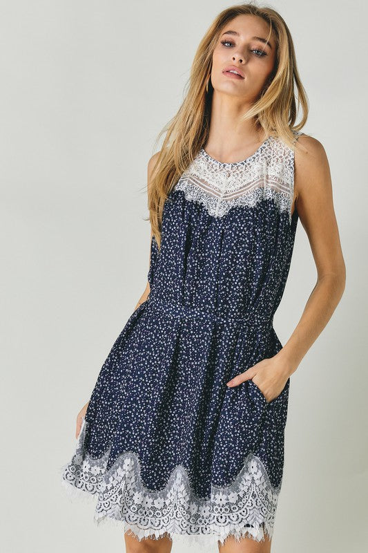 Printed Sleeveless Lace Trim Mini Dress  Davi & Dani   