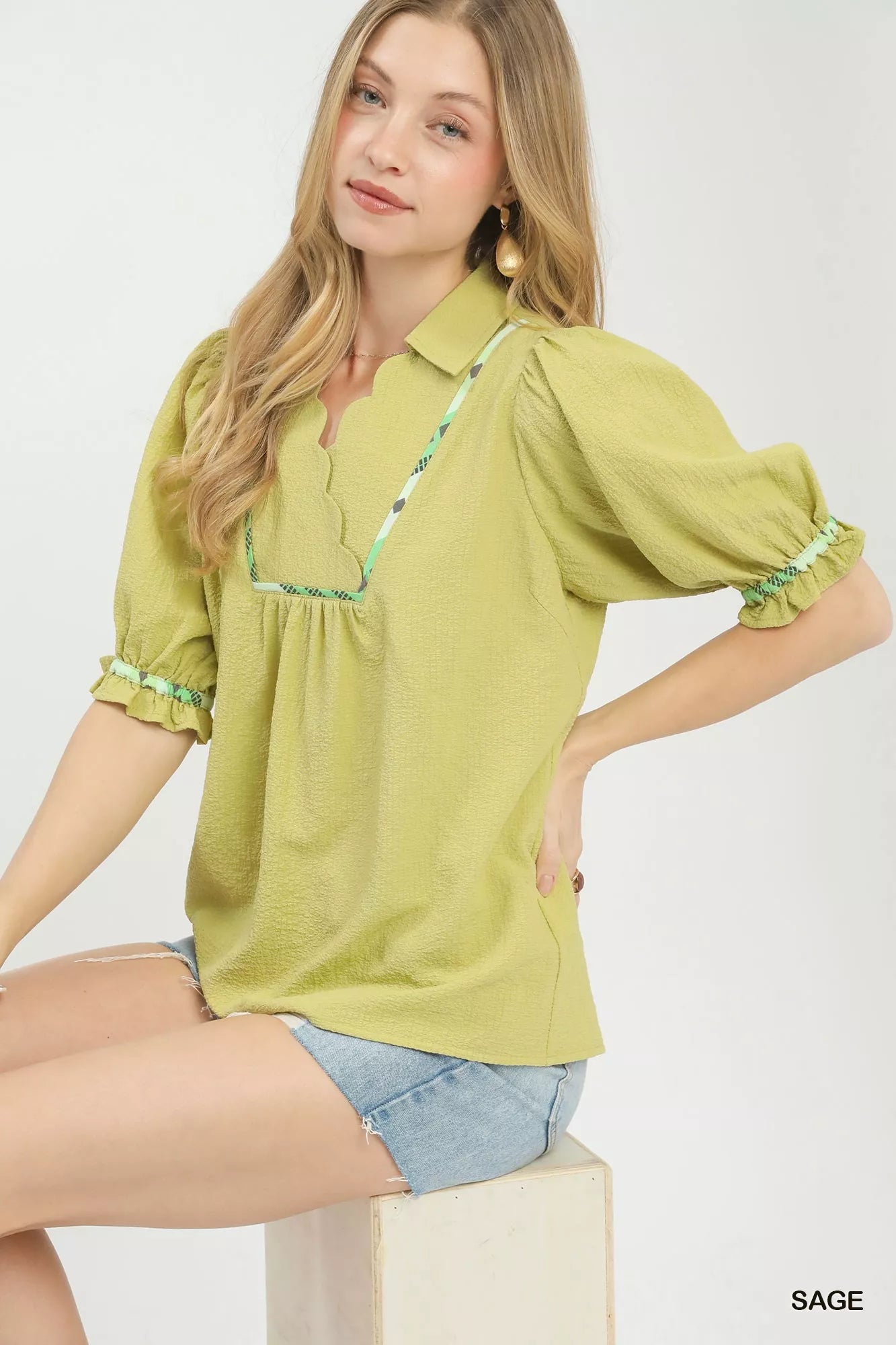 Umgee Scalloped Trim Blouse with Puff Sleeves Boho Chic - NeoKira Unlimited