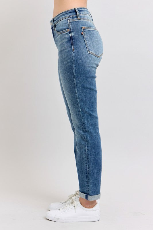 Judy Blue Full Size Mid Rise Skinny Cuff Jeans with Pockets Plus Size - NeoKira Unlimited