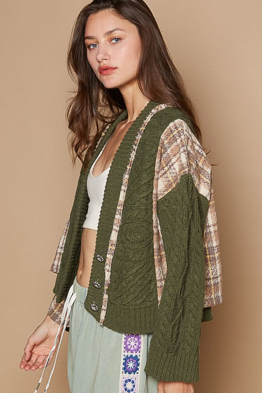 POL Cable-Knit Plaid V-Neck Button Up Cardigan - NeoKira Unlimited