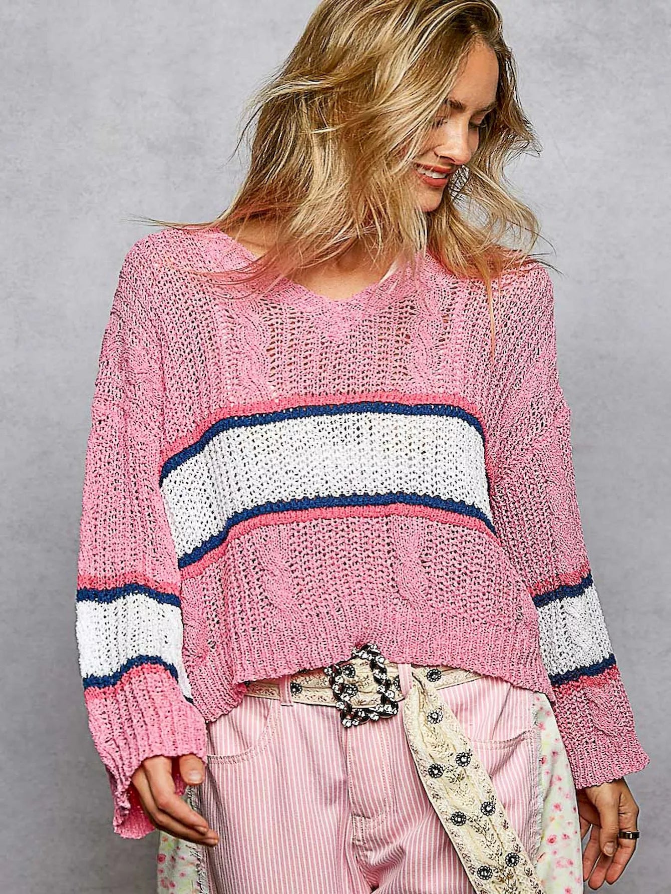 POL V-Neck Striped Cable Knit Cropped Sweater Top Boho Chic - NeoKira Unlimited