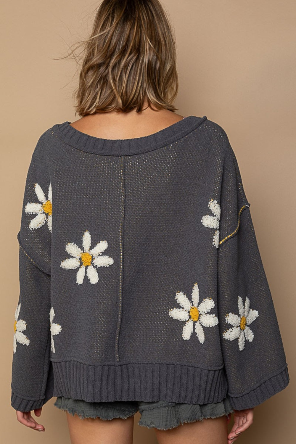 POL V-Neck Floral Pattern Chenille Sweater Sweater Trendsi   