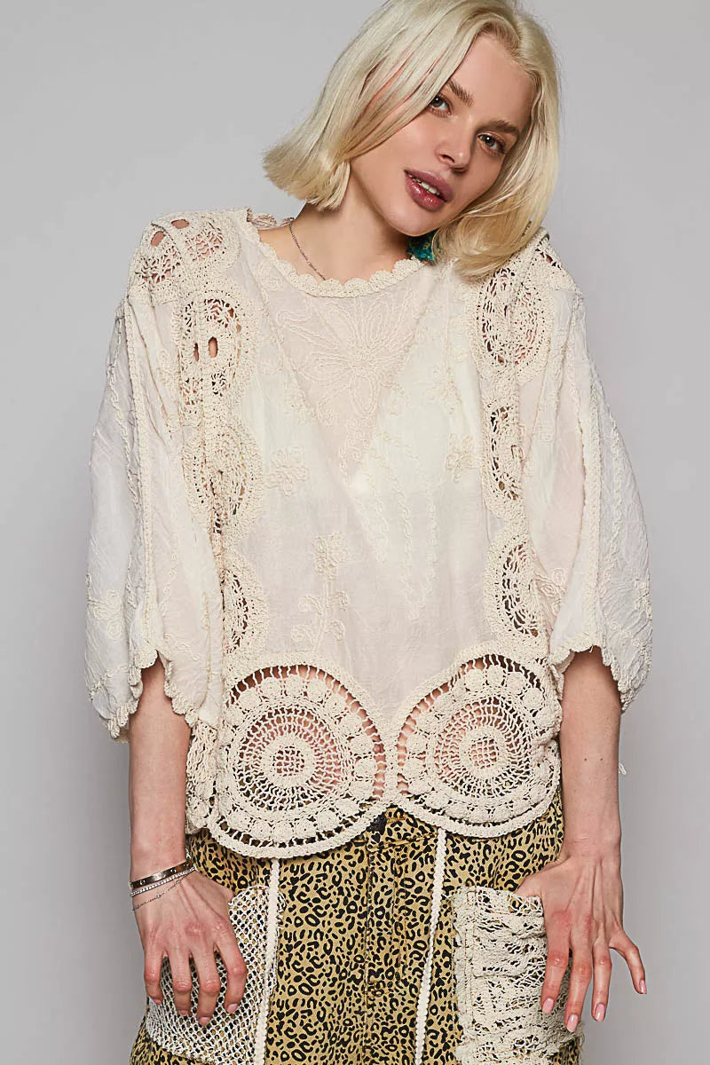 POL Round Neck Crochet Top with Floral Embroidery Detail Boho Chic - NeoKira Unlimited