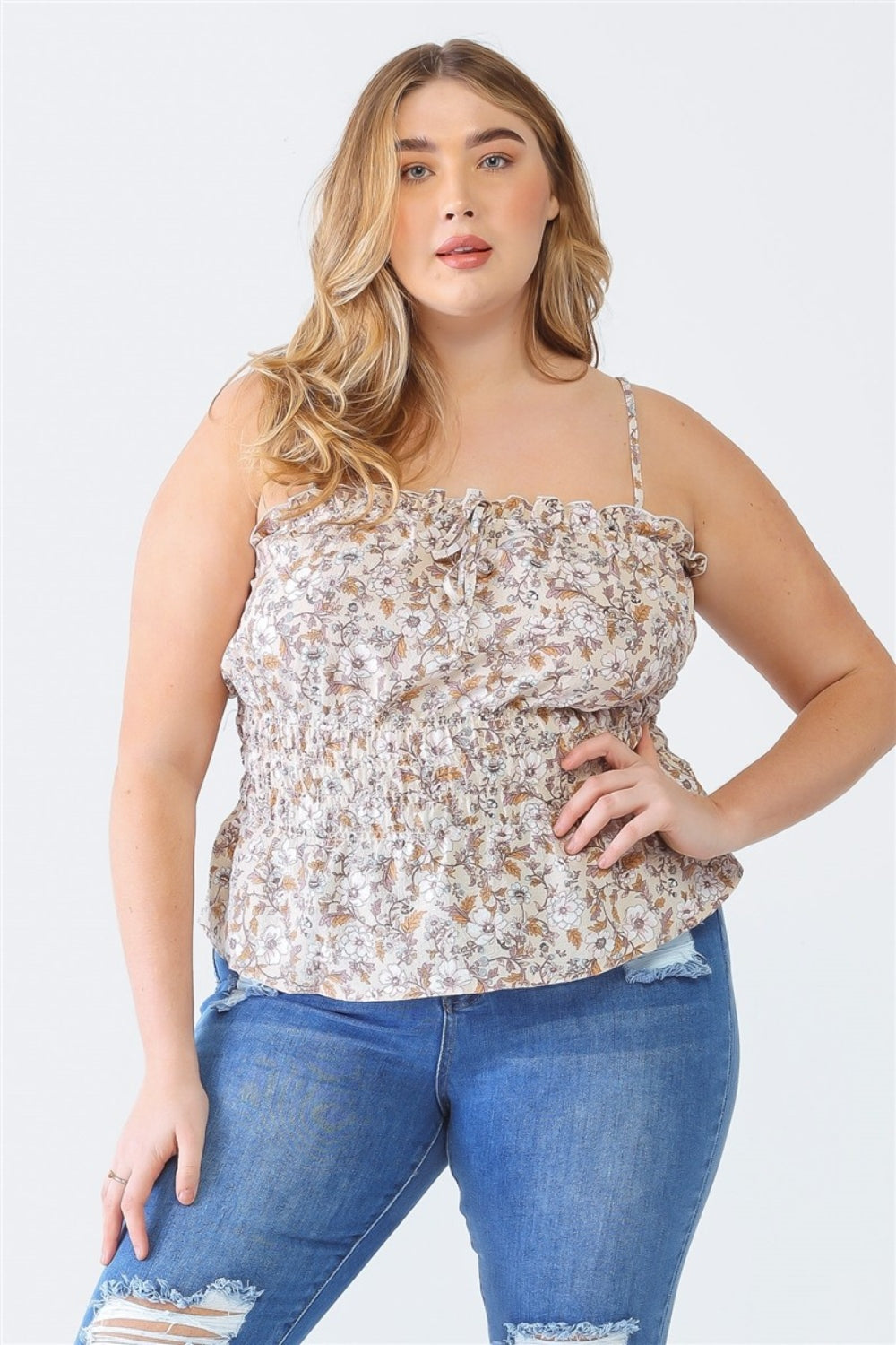 Zenobia Plus Size Frill Floral Square Neck Cami Cami Trendsi Taupe 1XL 