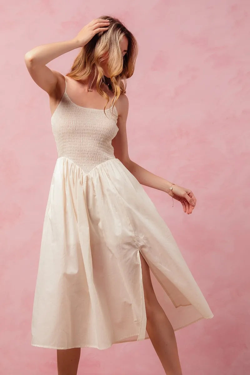 SO ME Smocked Casual Midi Dress With Slit And Spaghetti Straps - NeoKira Unlimited