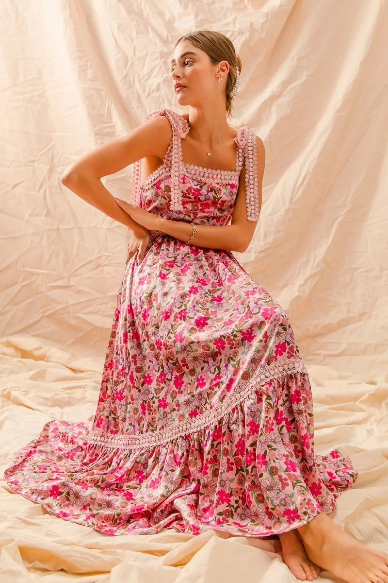 SO ME Pink Boho Floral Smocked Tiered Maxi Dress With Tie Straps - NeoKira Unlimited