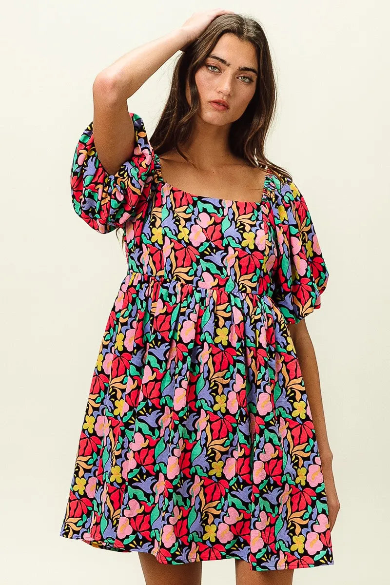 BiBi Tropical Boho Floral Print Puff Sleeve Square Neck Dress - NeoKira Unlimited