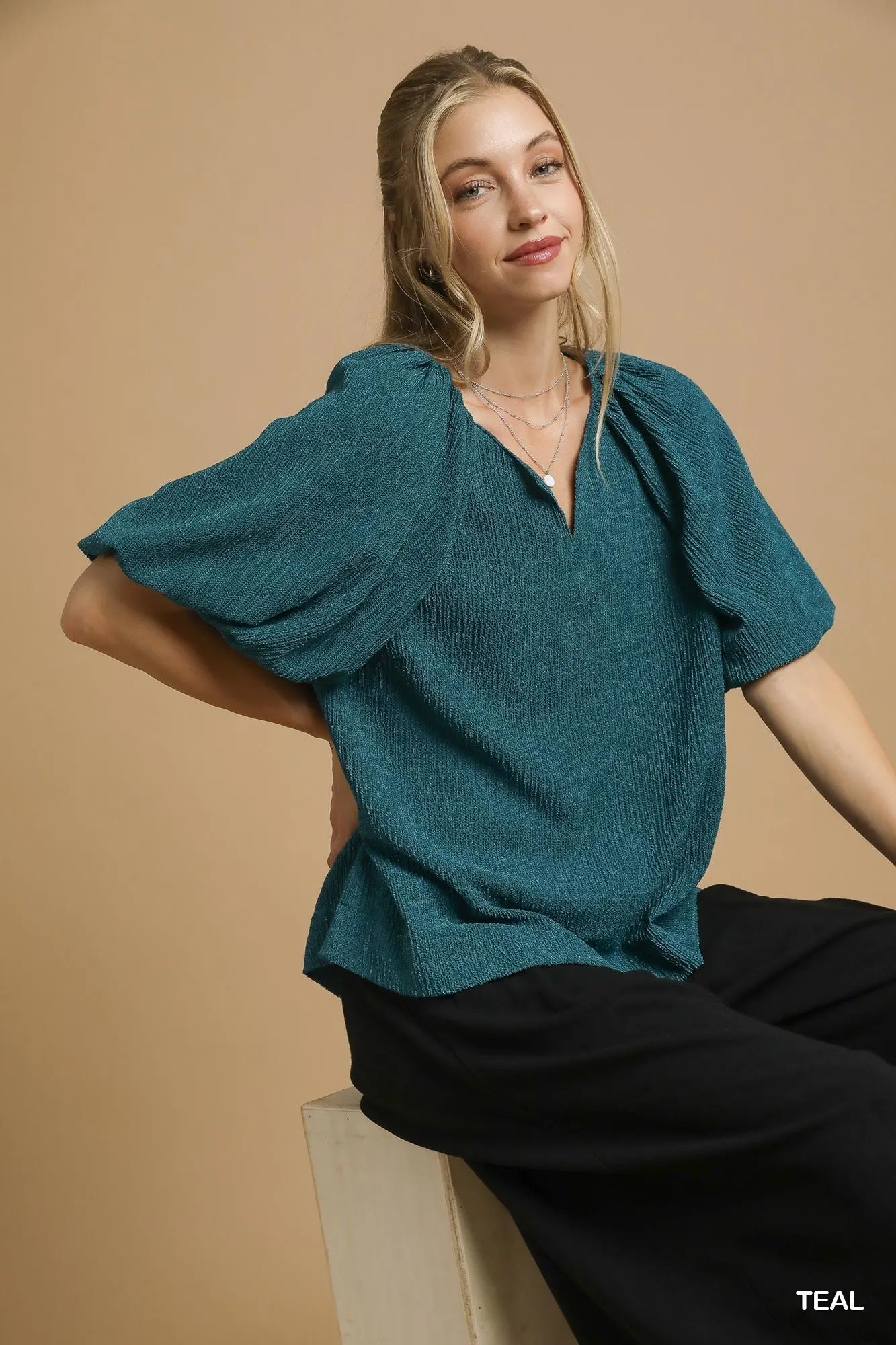 Umgee Textured Notch Neck Top – Relaxed Chic Style - NeoKira Unlimited