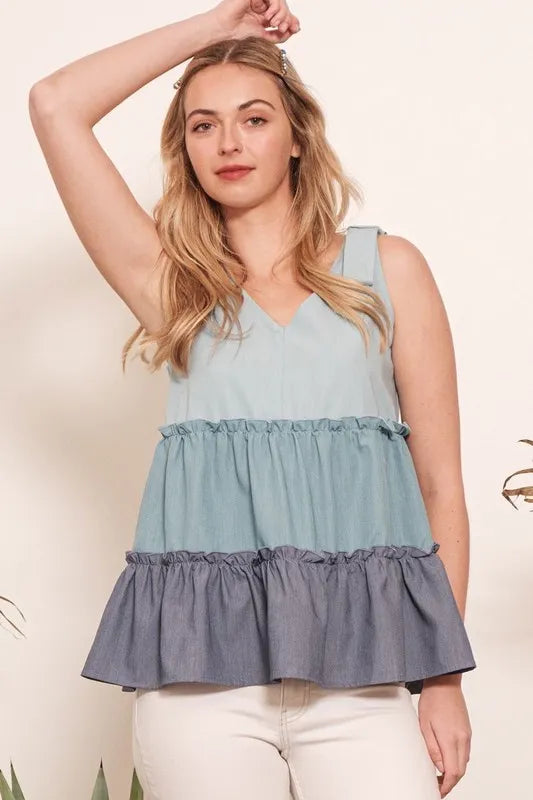 Lime 'N' Chili Full Size Color Block V-Neck Baby Doll Sleeveless Top Plus Size - NeoKira Unlimited