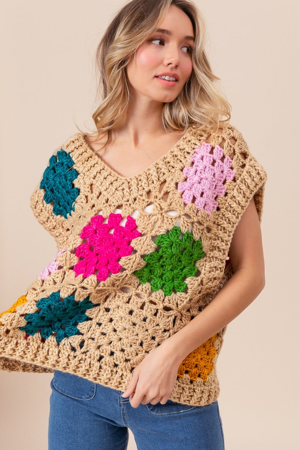 BiBi Granny Square Openwork Sweater Vest Sweater Vest Trendsi   