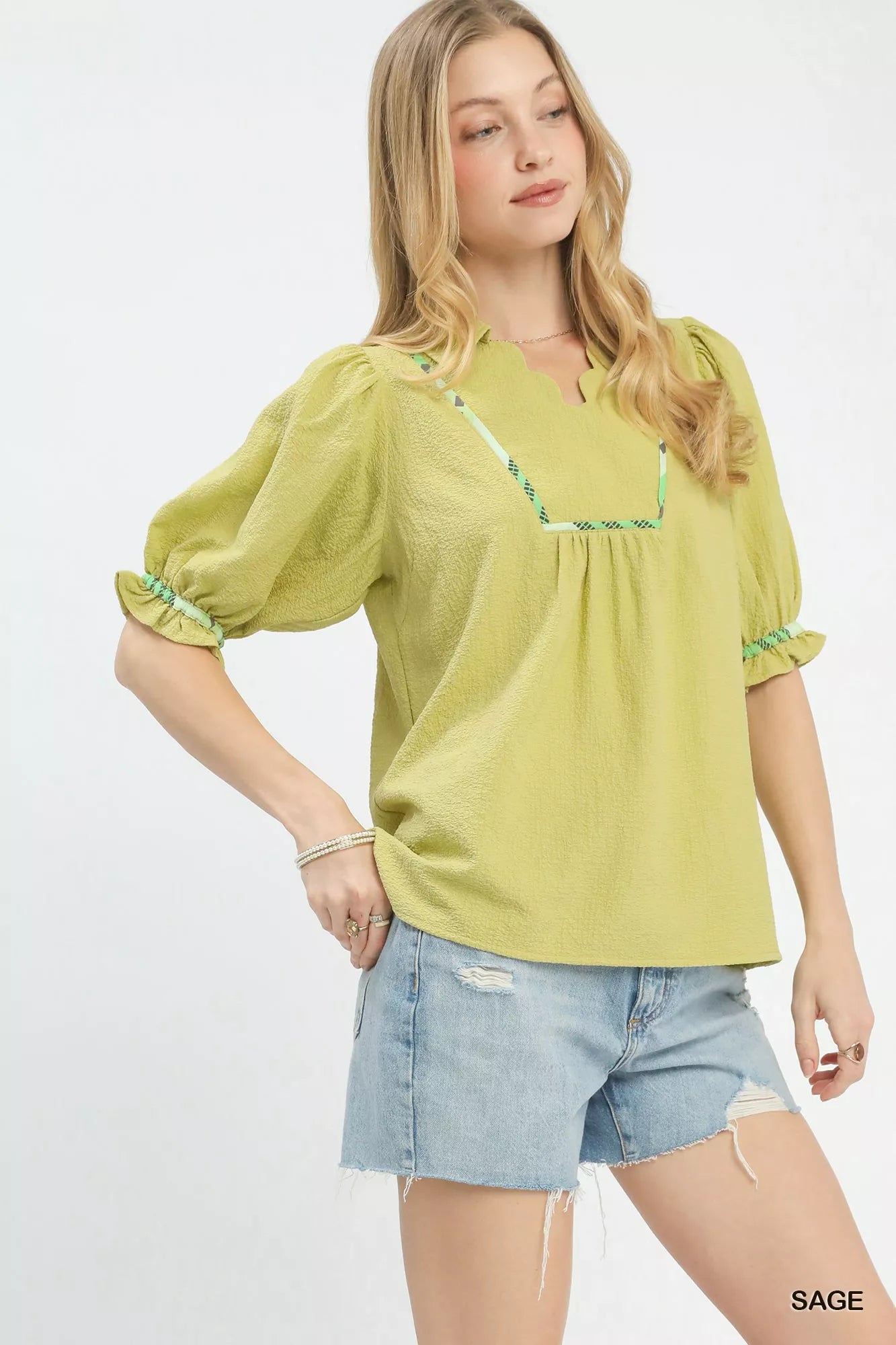 Umgee Scalloped Trim Blouse with Puff Sleeves Boho Chic - NeoKira Unlimited