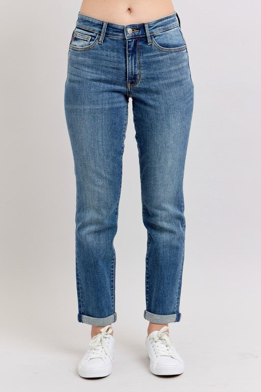 Judy Blue Full Size Mid Rise Skinny Cuff Jeans with Pockets Plus Size - NeoKira Unlimited