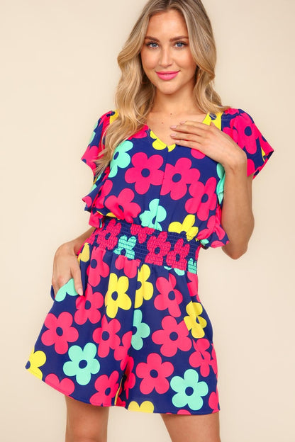 Haptics Floral Smocked Waist Romper with Side Pockets Romper Trendsi   